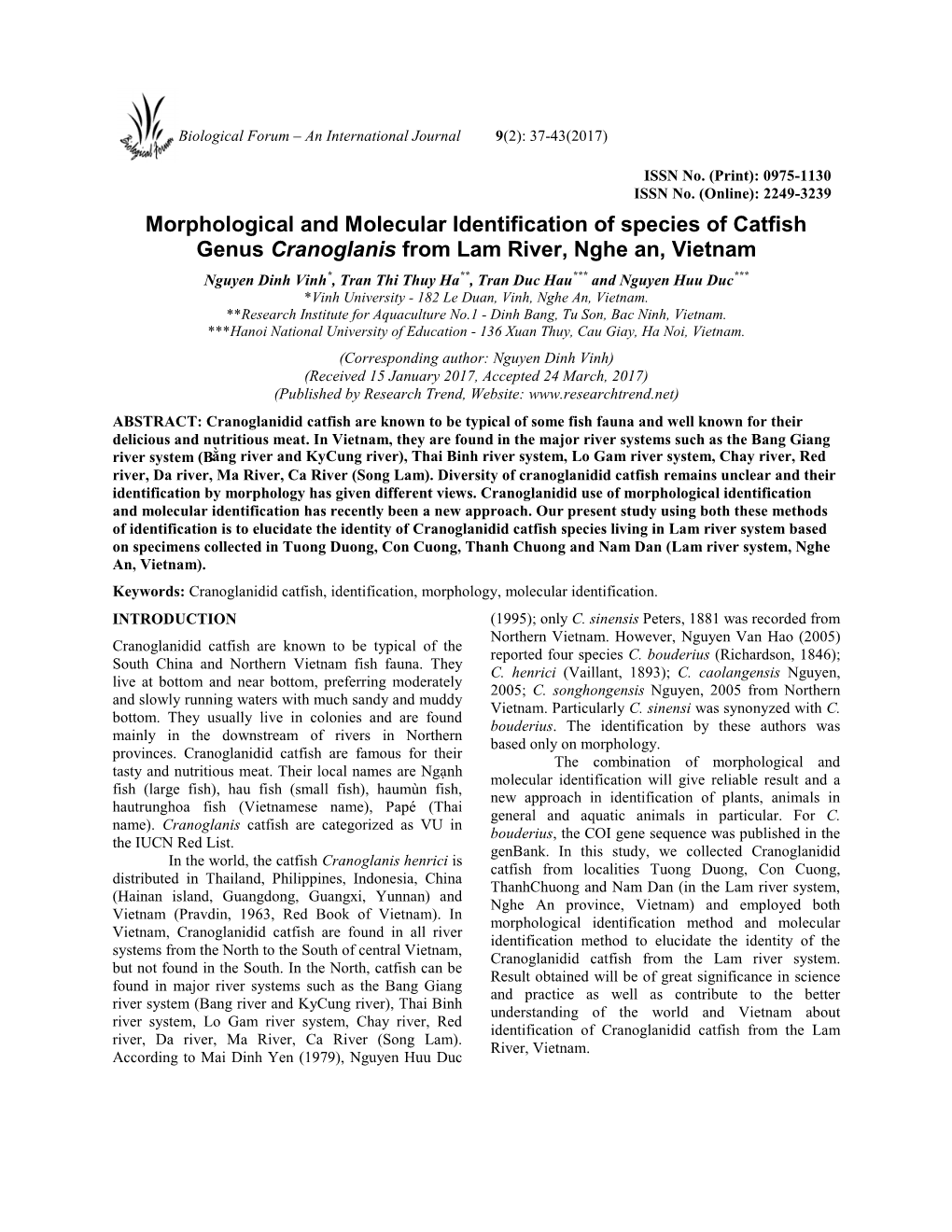 Morphological and Molecular Identification of Species of Catfish