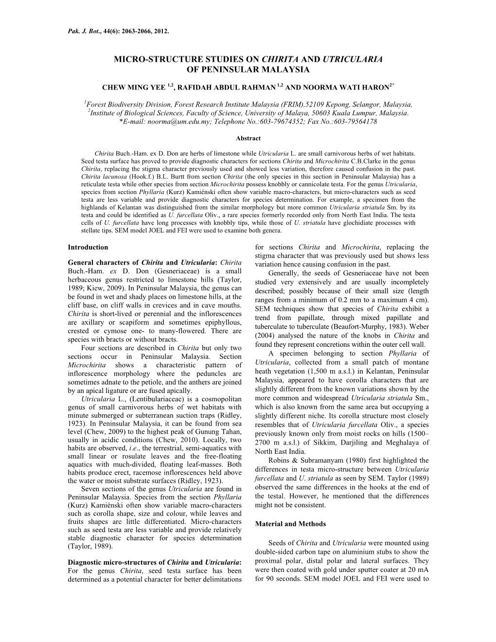 Micro-Structure Studies on Chirita and Utricularia of Peninsular Malaysia