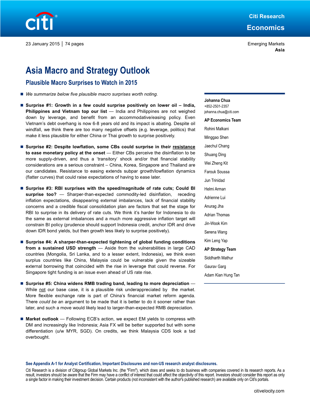 Asia Macro and Strategy Outlook Plausible Macro Surprises to Watch in 2015