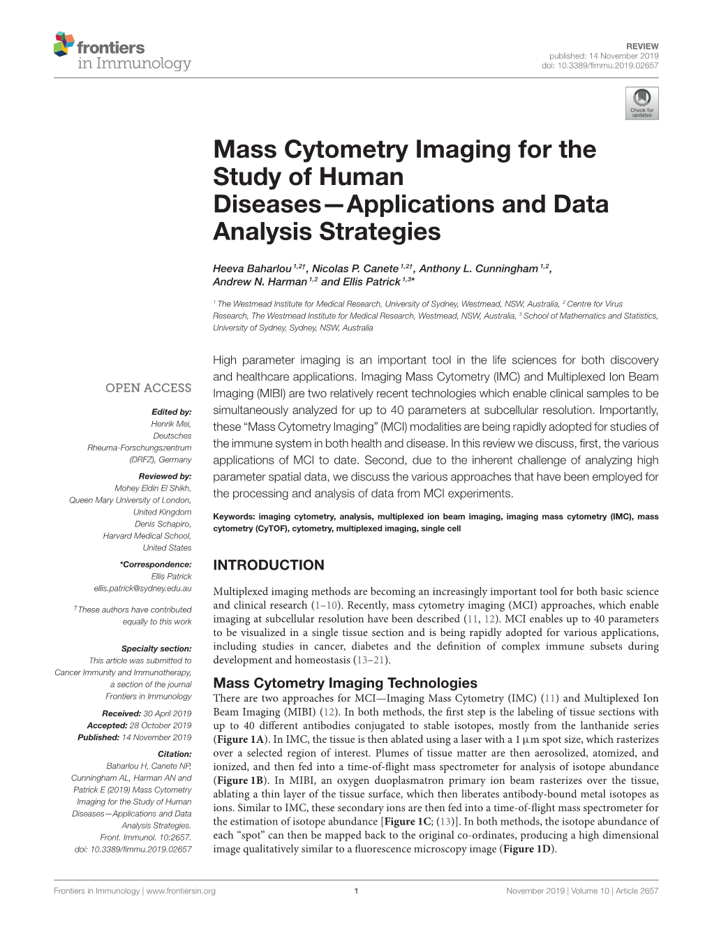 Mass Cytometry Imaging for the Study of Human Diseases—Applications and Data Analysis Strategies