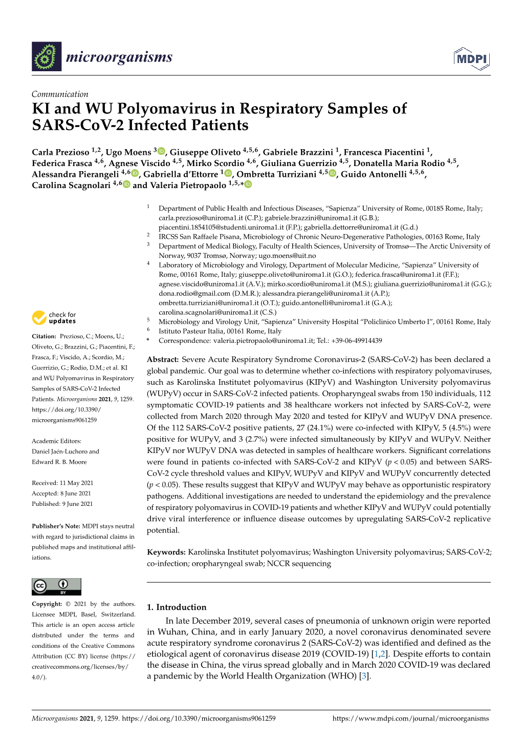 KI and WU Polyomavirus in Respiratory Samples of SARS-Cov-2 Infected Patients