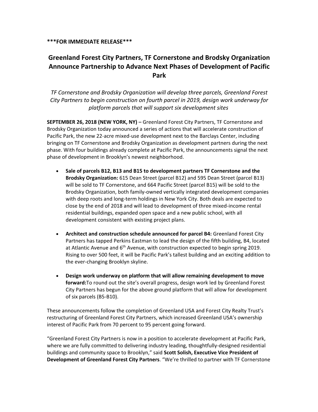 Greenland Forest City Partners, TF Cornerstone and Brodsky Organization Announce Partnership to Advance Next Phases of Development of Pacific Park