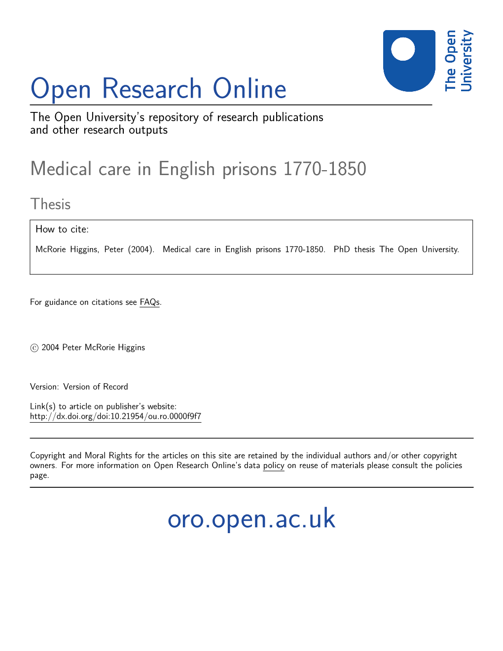 Medical Care in English Prisons 1770-1850