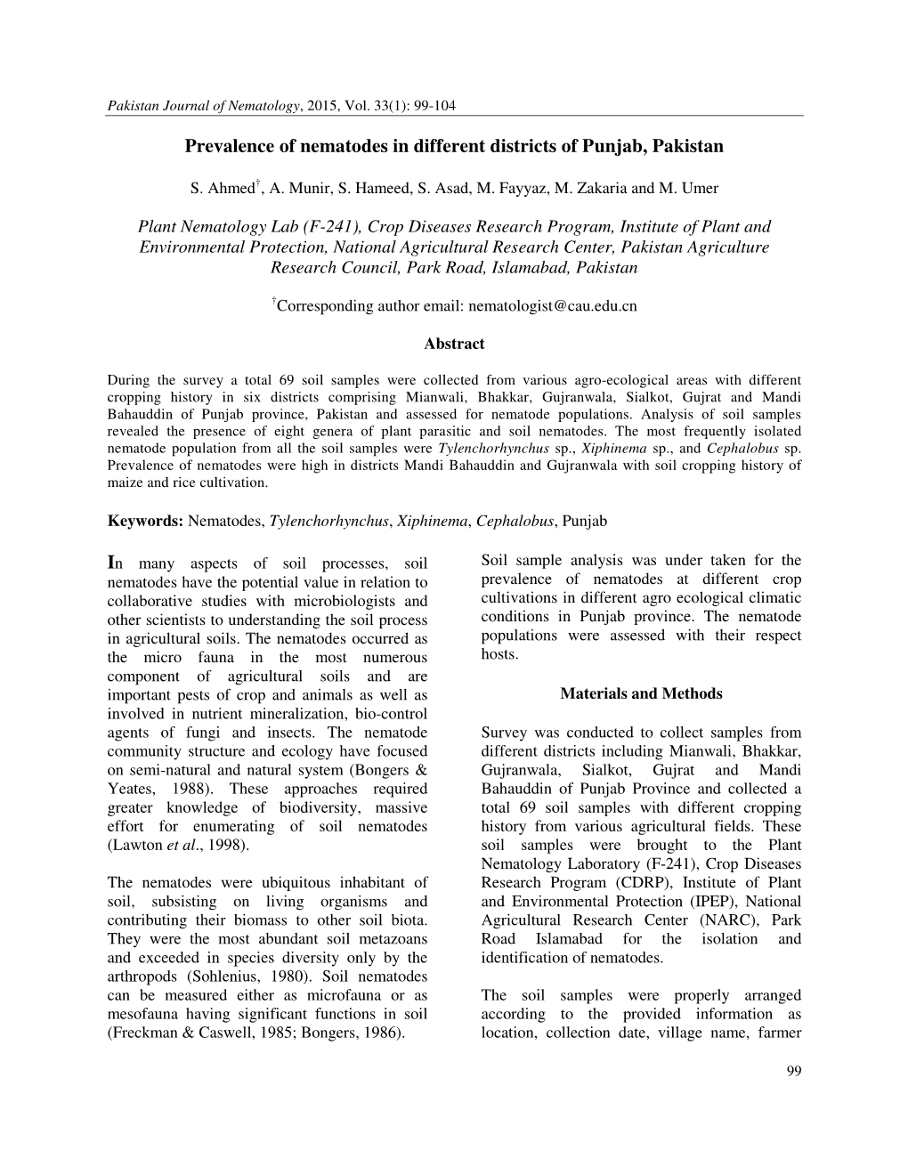 Prevalence of Nematodes in Different Districts of Punjab, Pakistan