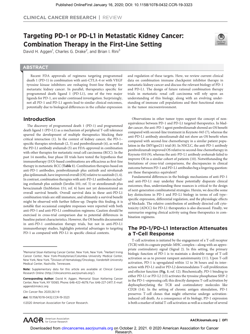 Targeting PD-1 Or PD-L1 in Metastatic Kidney Cancer: Combination Therapy in the First-Line Setting David H