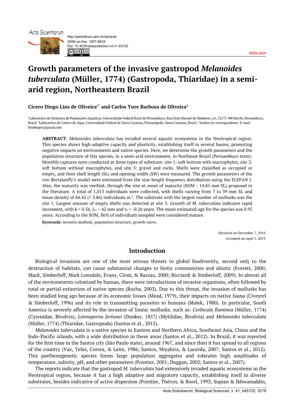 Growth Parameters of the Invasive Gastropod Melanoides Tuberculata (Müller, 1774) (Gastropoda, Thiaridae) in a Semi- Arid Region, Northeastern Brazil