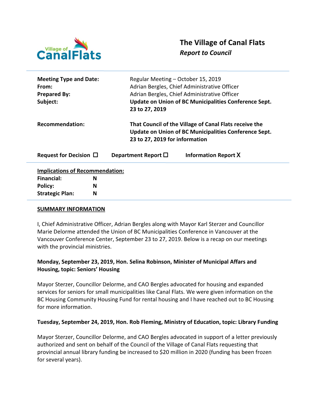 The Village of Canal Flats Report to Council