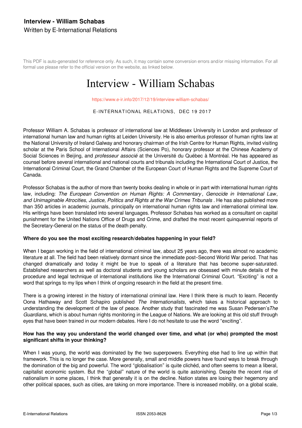 Interview - William Schabas Written by E-International Relations