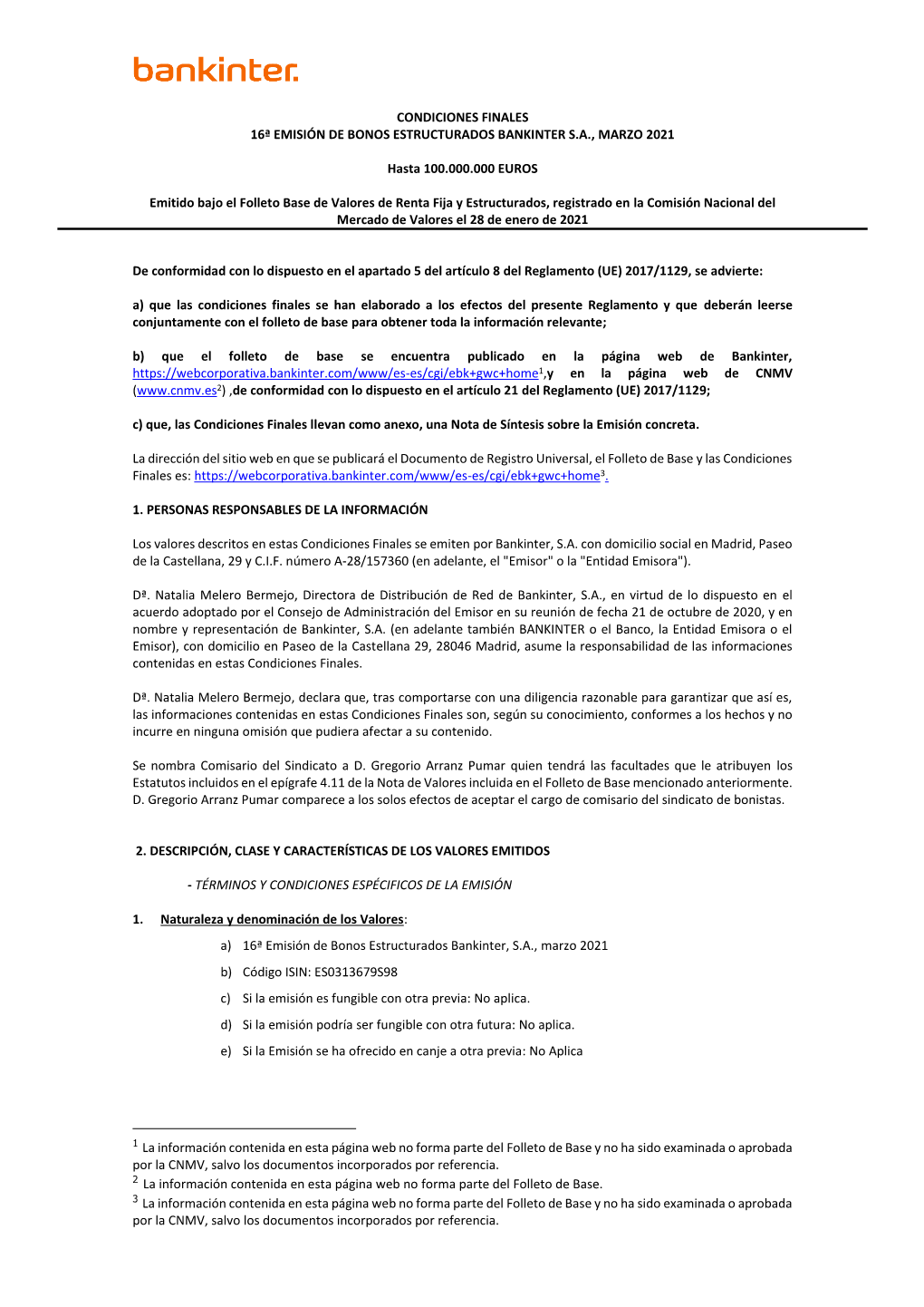 Condiciones Finales 16ª Emisión De Bonos Estructurados Bankinter S.A., Marzo 2021