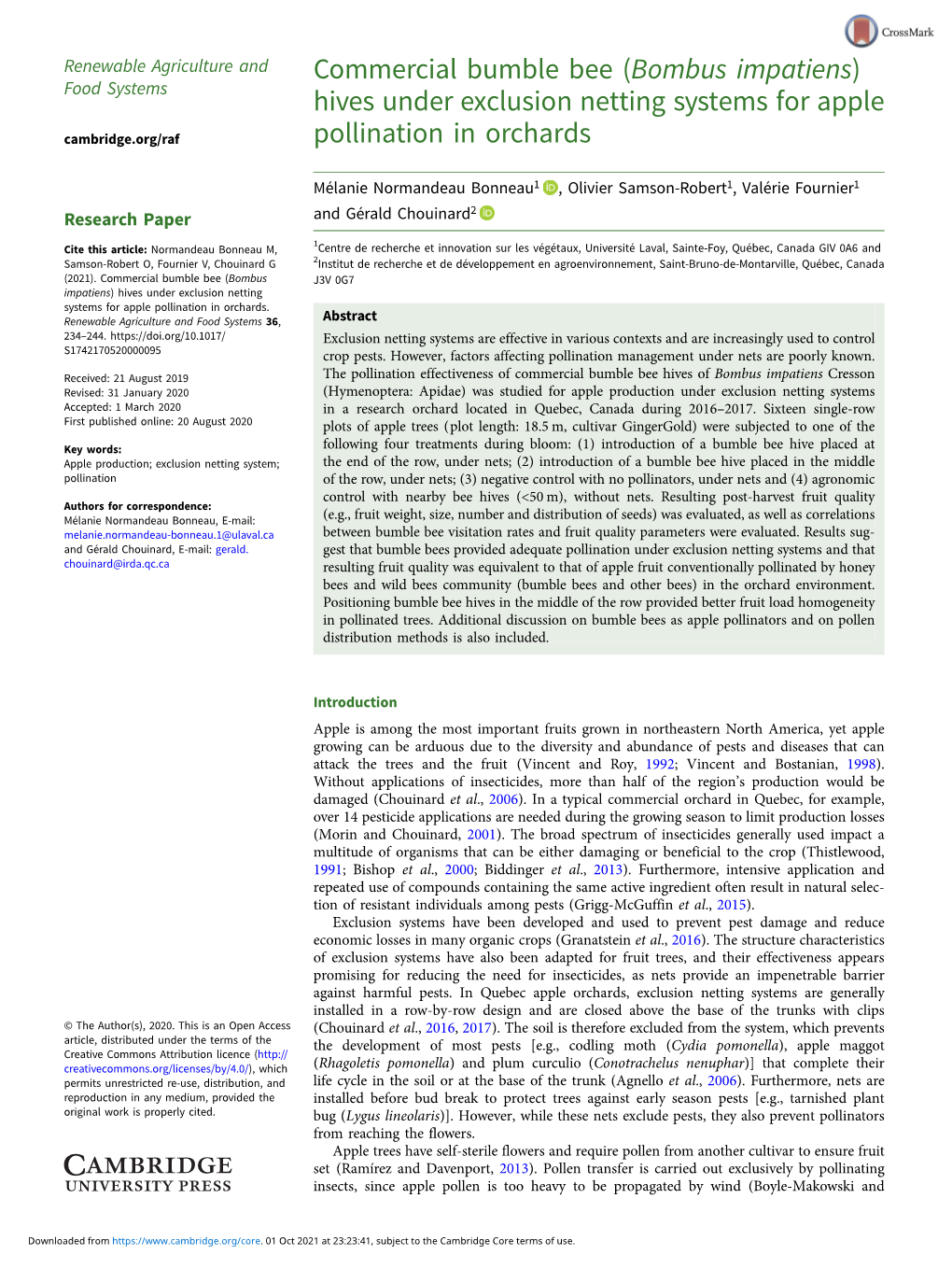 Hives Under Exclusion Netting Systems for Apple Pollination in Orchards