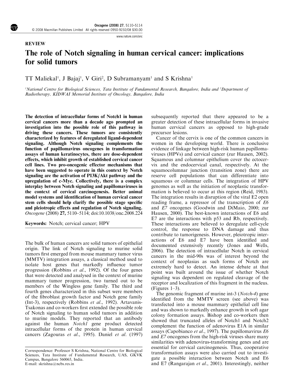The Role of Notch Signaling in Human Cervical Cancer: Implications for Solid Tumors