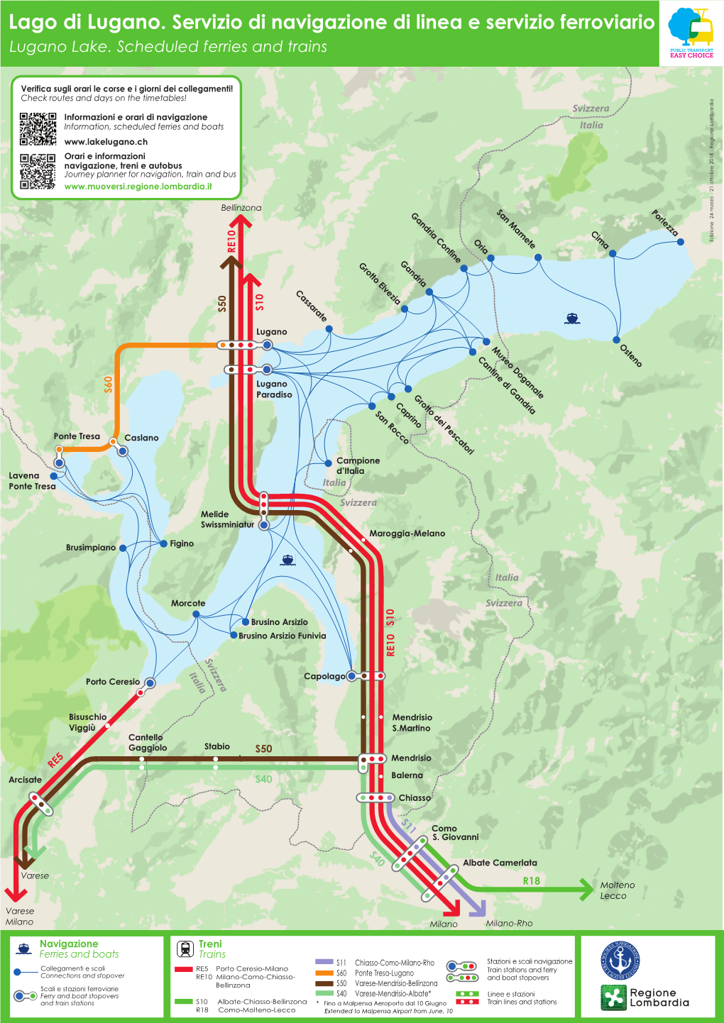 Lago Di Lugano. Servizio Di Navigazione Di Linea E Servizio Ferroviario Lugano Lake