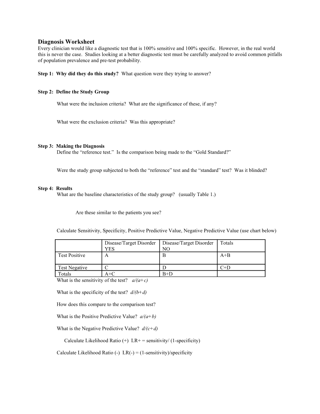 Diagnosis Worksheet