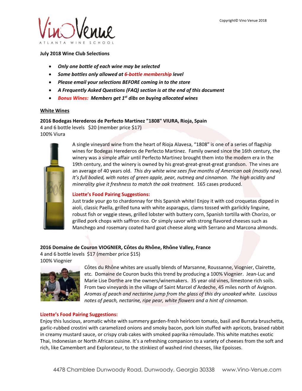 July 2018 Wine Club Selections • Only One Bottle of Each Wine May Be