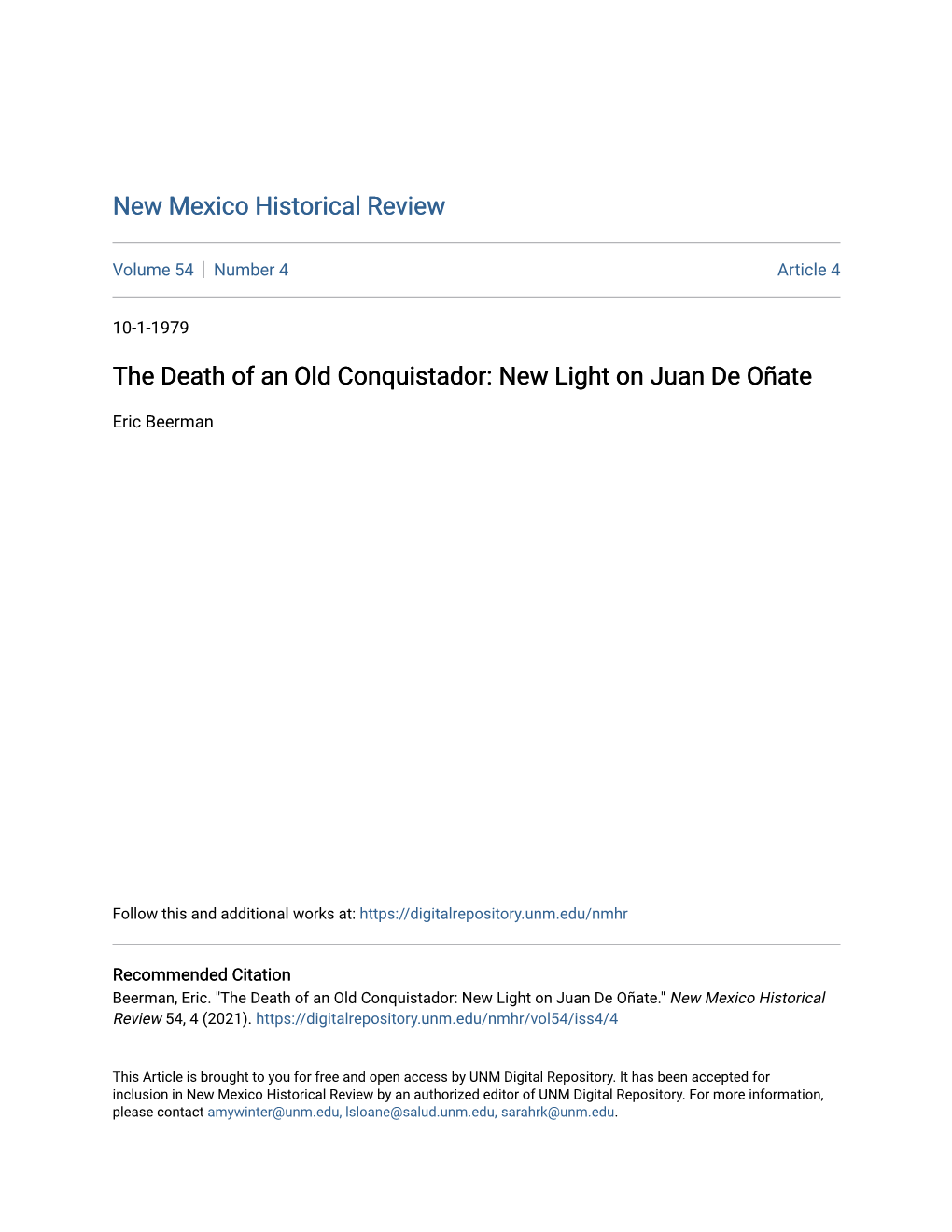 The Death of an Old Conquistador: New Light on Juan De Oñate