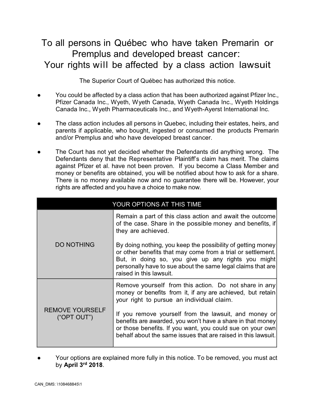 To All Persons in Québec Who Have Taken Premarin Or Premplus and Developed Breast Cancer: Your Rights Will Be Affected by a Class Action Lawsuit