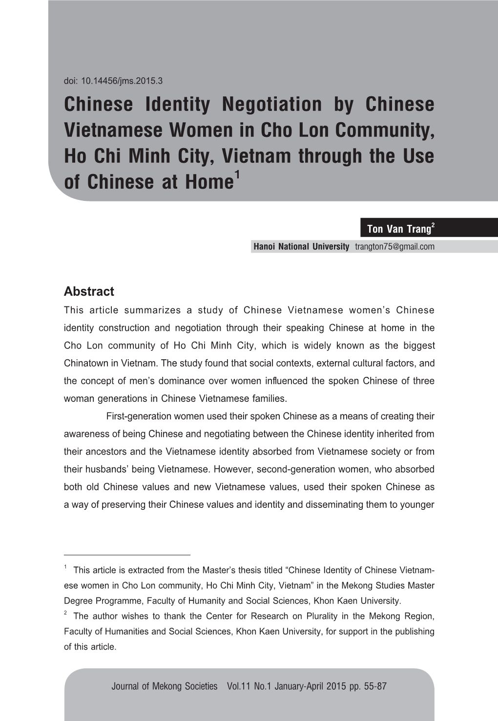 Chinese Identity Negotiation by Chinese Vietnamese Women in Cho Lon Community, Ho Chi Minh City, Vietnam Through the Use of Chinese at Home1