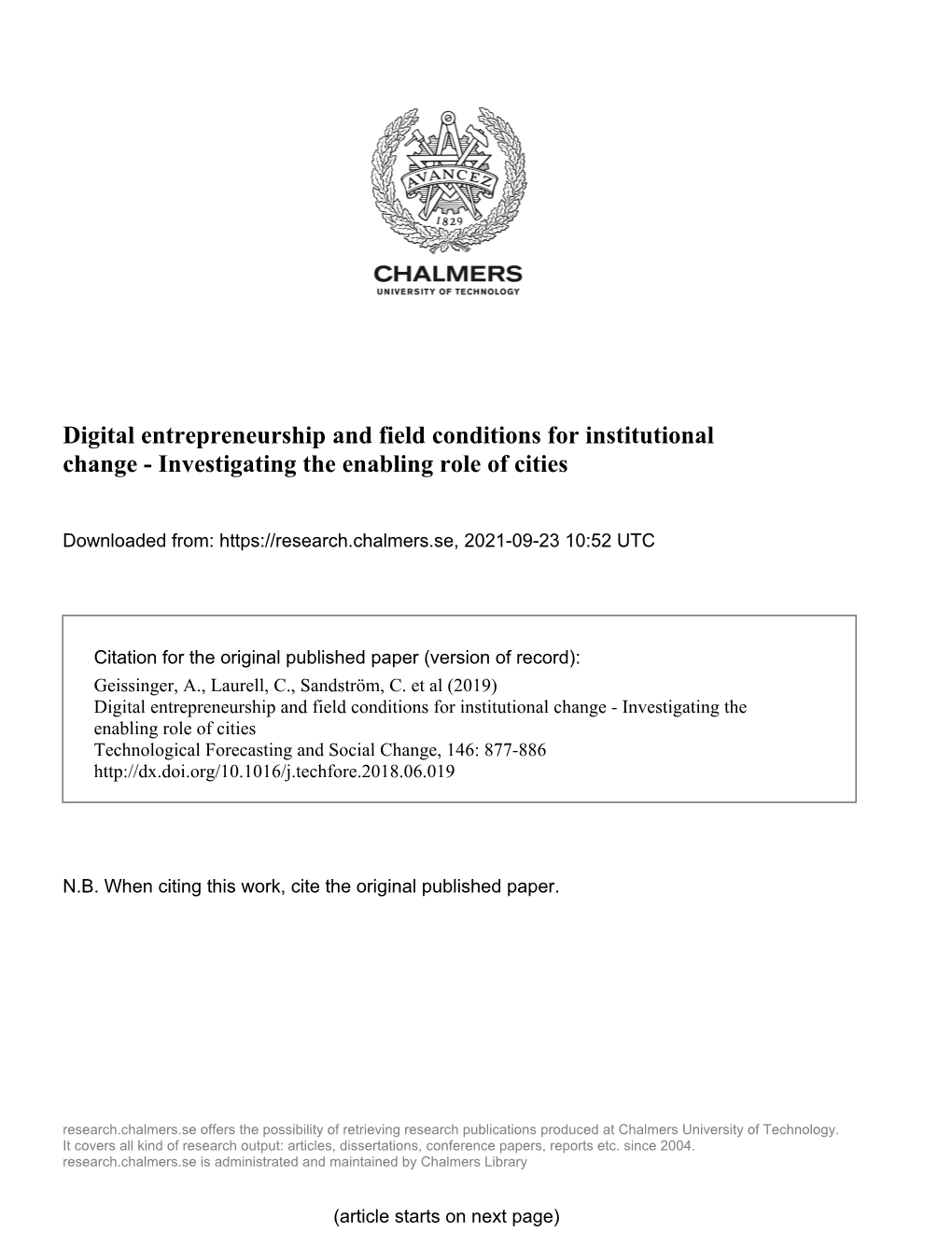 Digital Entrepreneurship and Field Conditions for Institutional Change - Investigating the Enabling Role of Cities