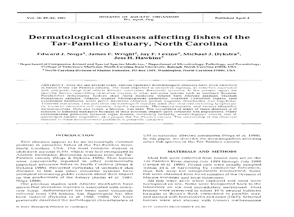 Dermatological Diseases Affecting Fishes of the Tar-Pamlico Estuary, North Carolina