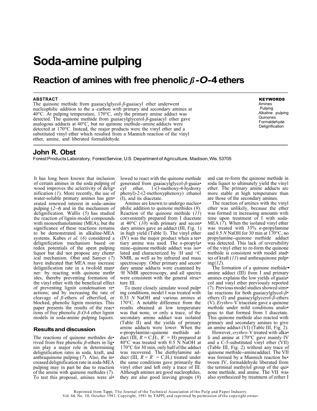 Soda-Amine Pulping Reaction of Amines with Free Phenolic ß -O-4 Ethers