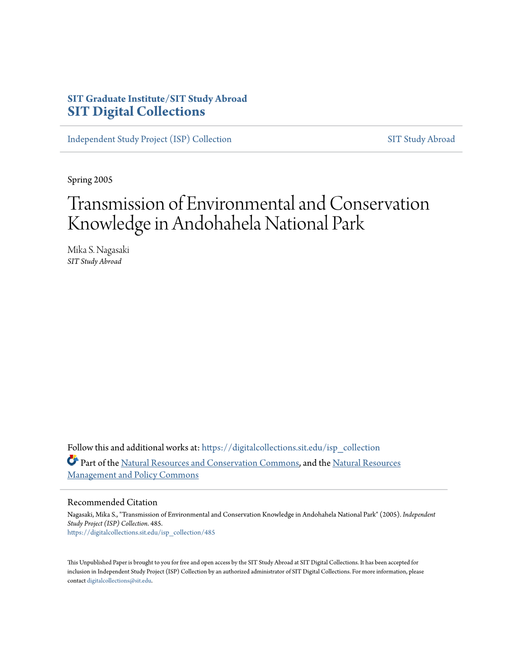 Transmission of Environmental and Conservation Knowledge in Andohahela National Park Mika S