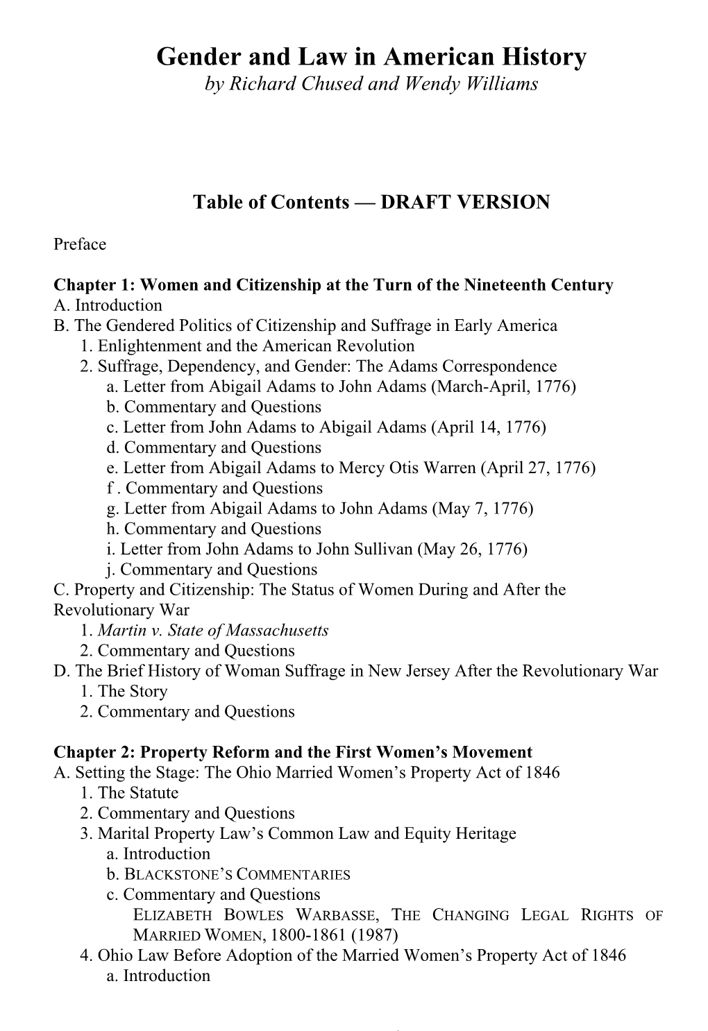Gender and Law in American History by Richard Chused and Wendy Williams