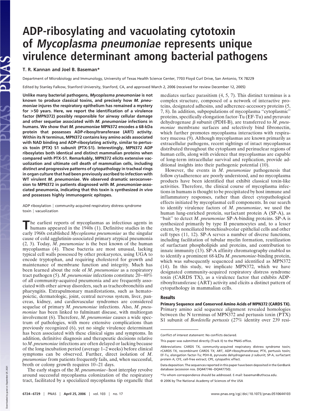 ADP-Ribosylating and Vacuolating Cytotoxin of Mycoplasma Pneumoniae Represents Unique Virulence Determinant Among Bacterial Pathogens