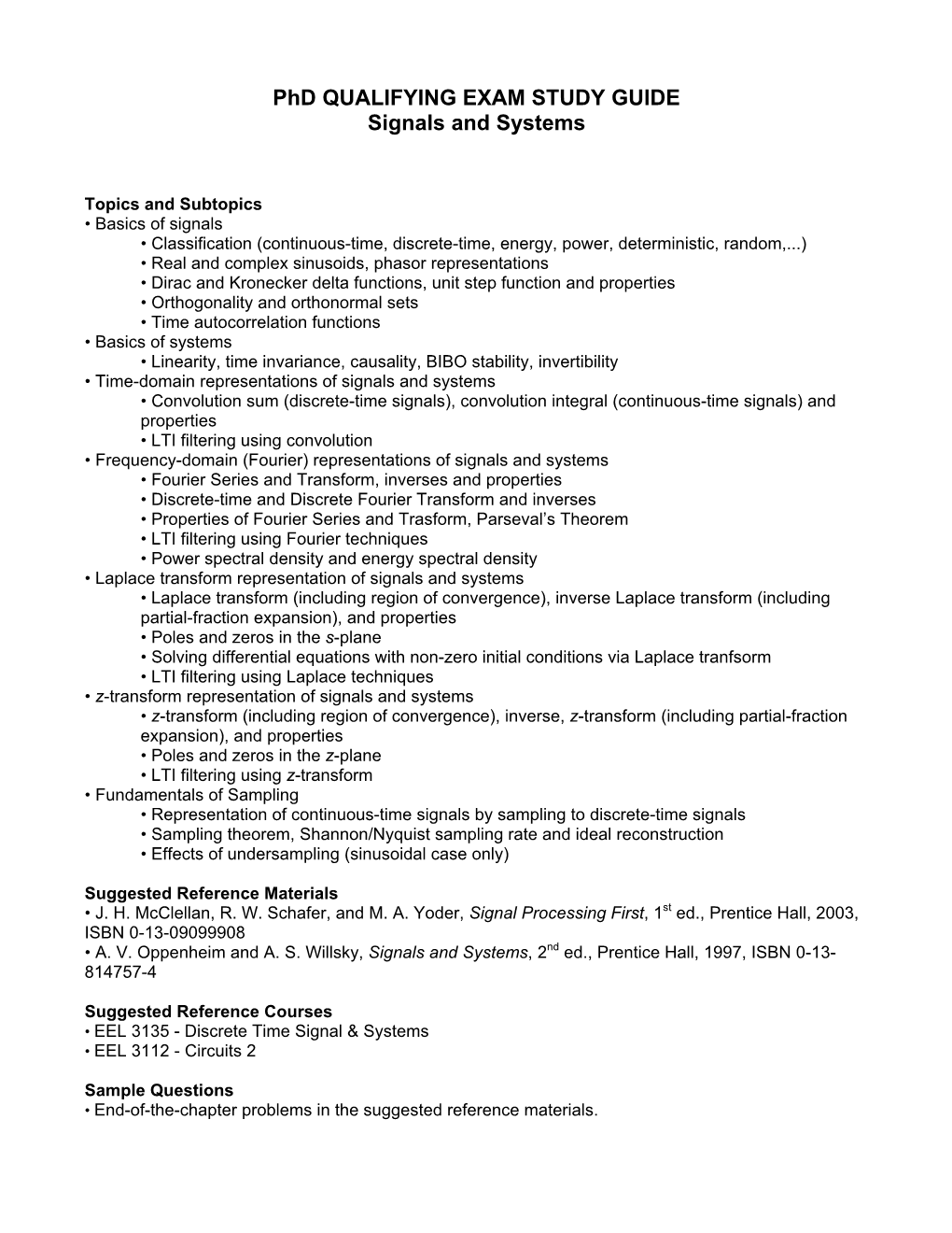 Phd QUALIFYING EXAM STUDY GUIDE Signals and Systems