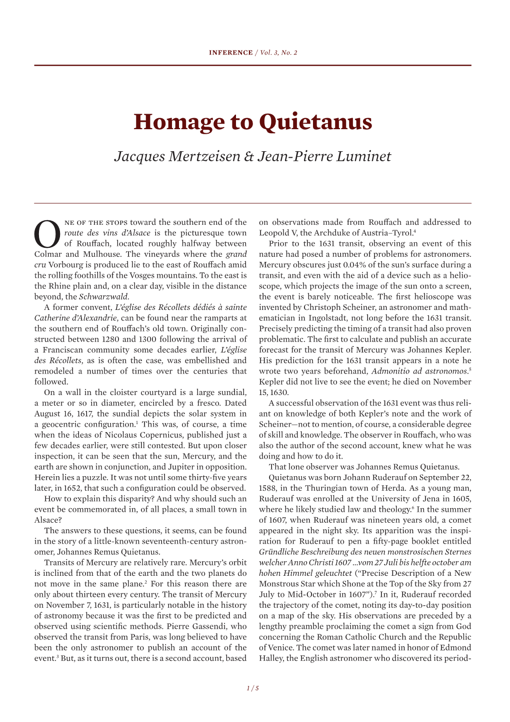 Homage to Quietanus Jacques Mertzeisen & Jean-Pierre Luminet