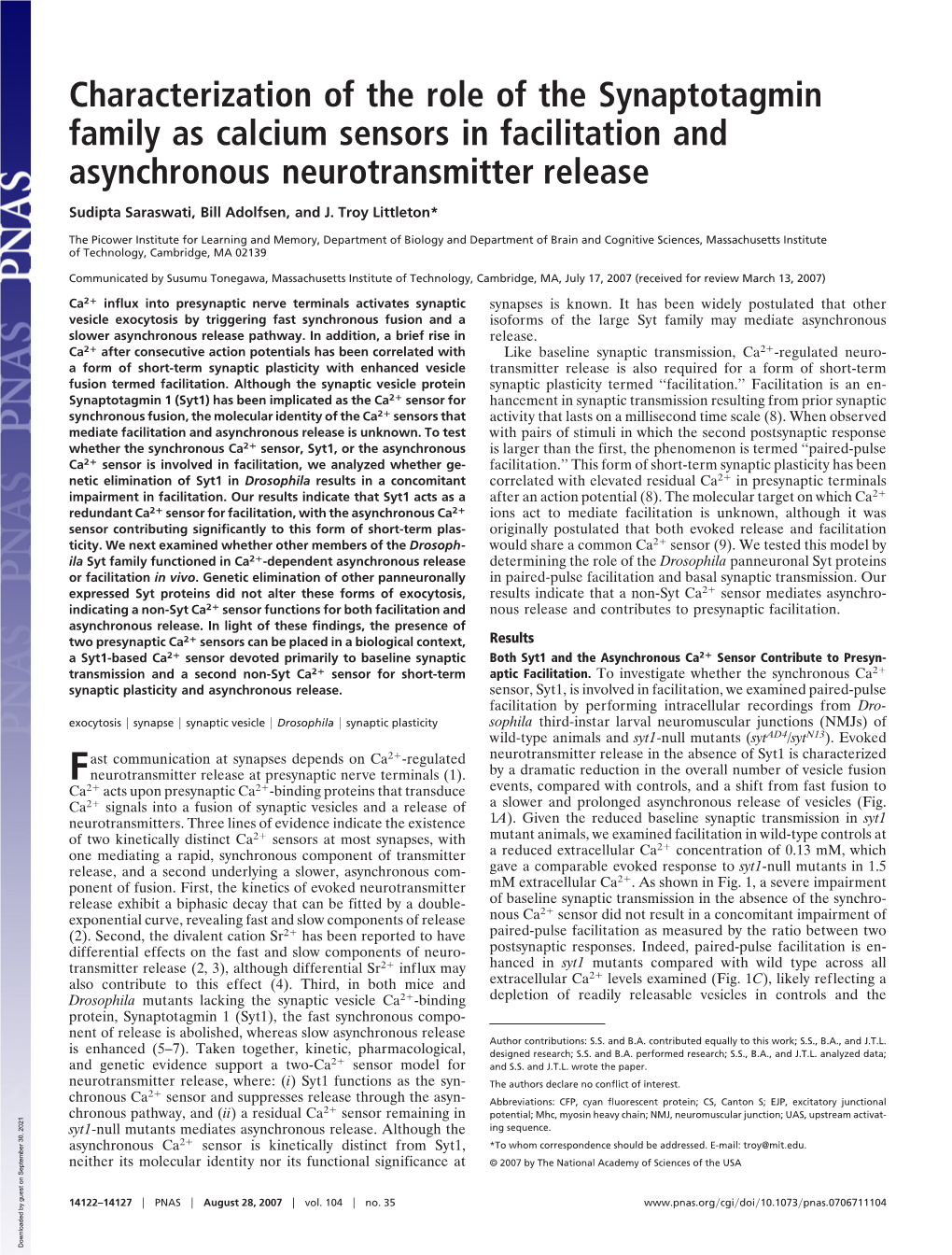 Characterization of the Role of the Synaptotagmin Family As Calcium Sensors in Facilitation and Asynchronous Neurotransmitter Release