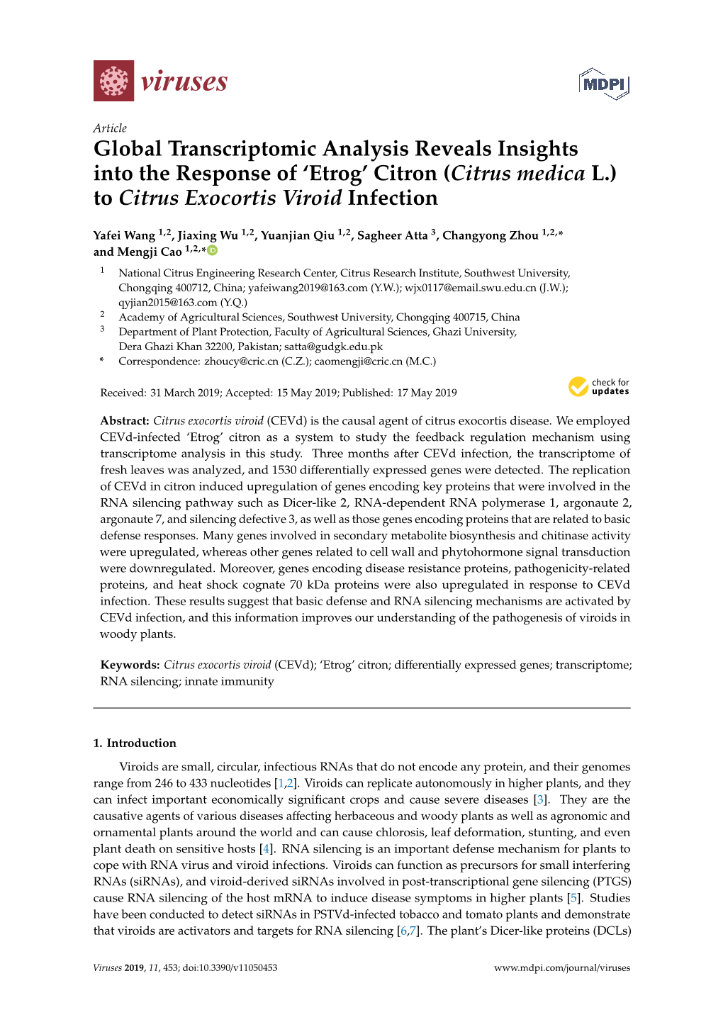 'Etrog' Citron (Citrus Medica L.) to Citrus Exocortis Viroid Infection