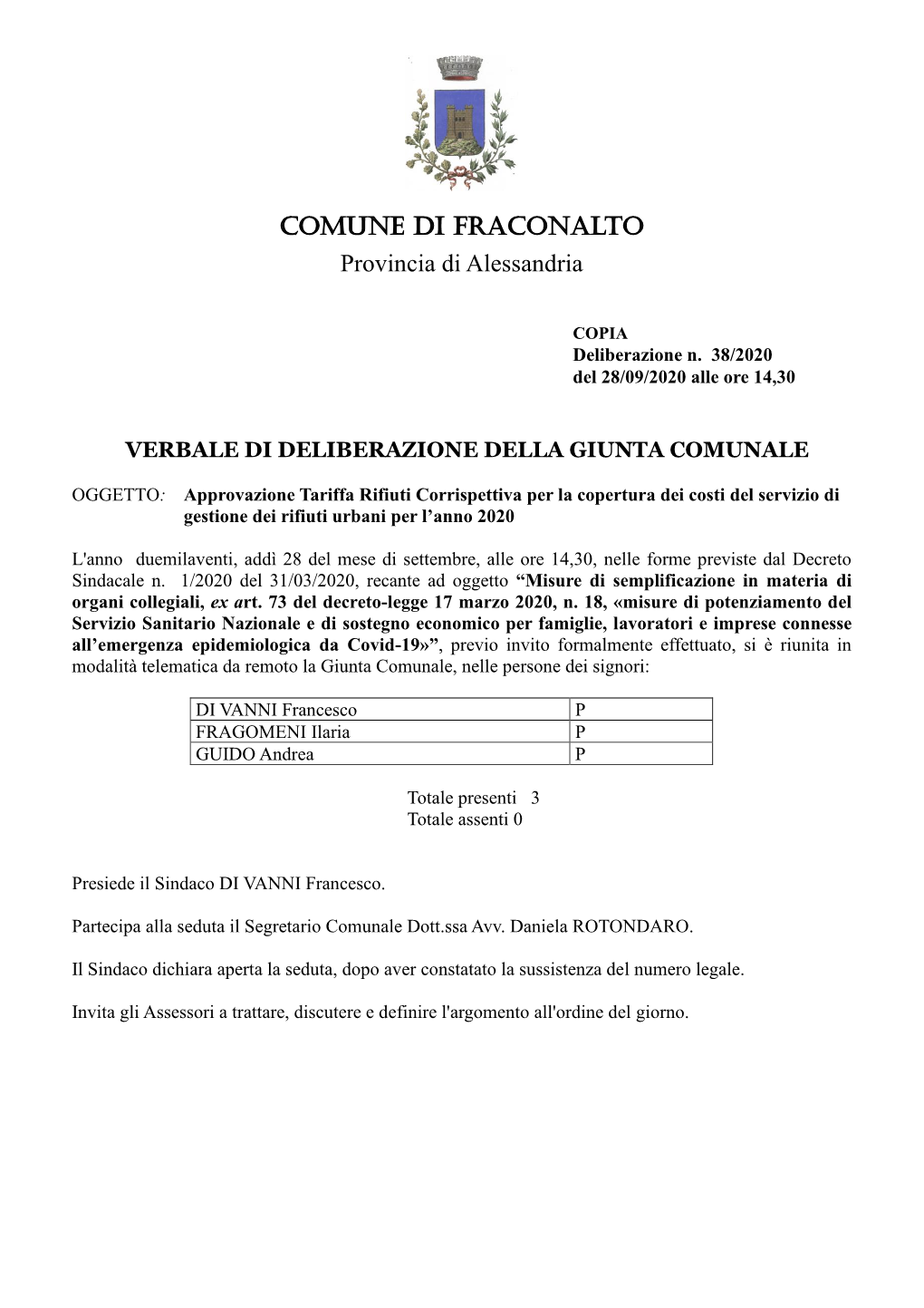 Comune Di FRACONALTO Provincia Di Alessandria