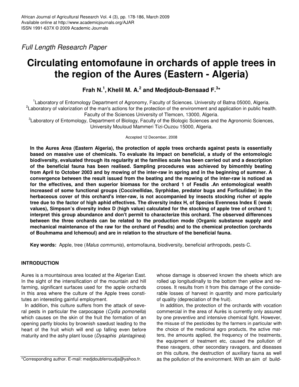 Circulating Entomofaune in Orchards of Apple Trees in the Region of the Aures (Eastern - Algeria)