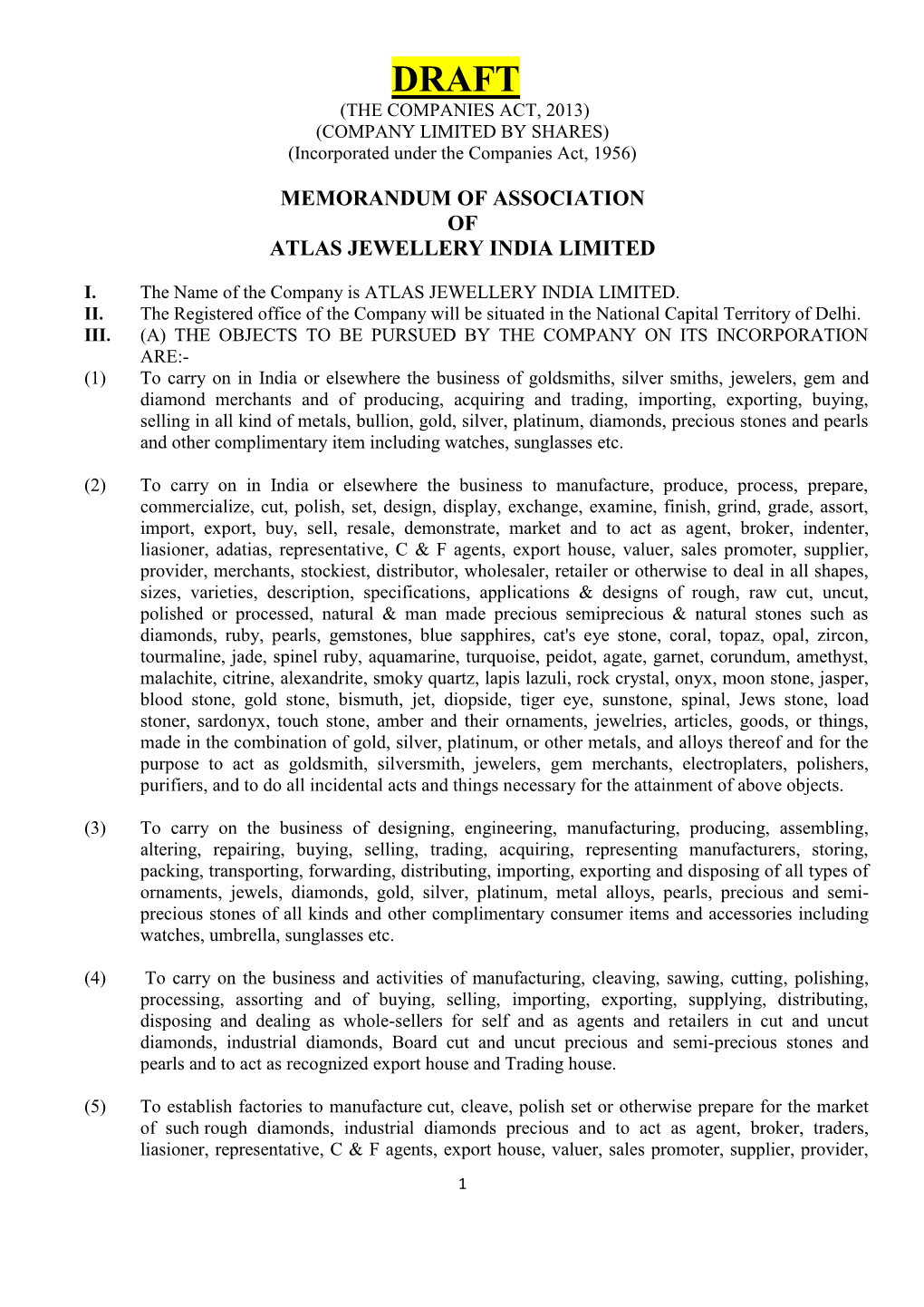 Memorandum of Association of Atlas Jewellery India Limited