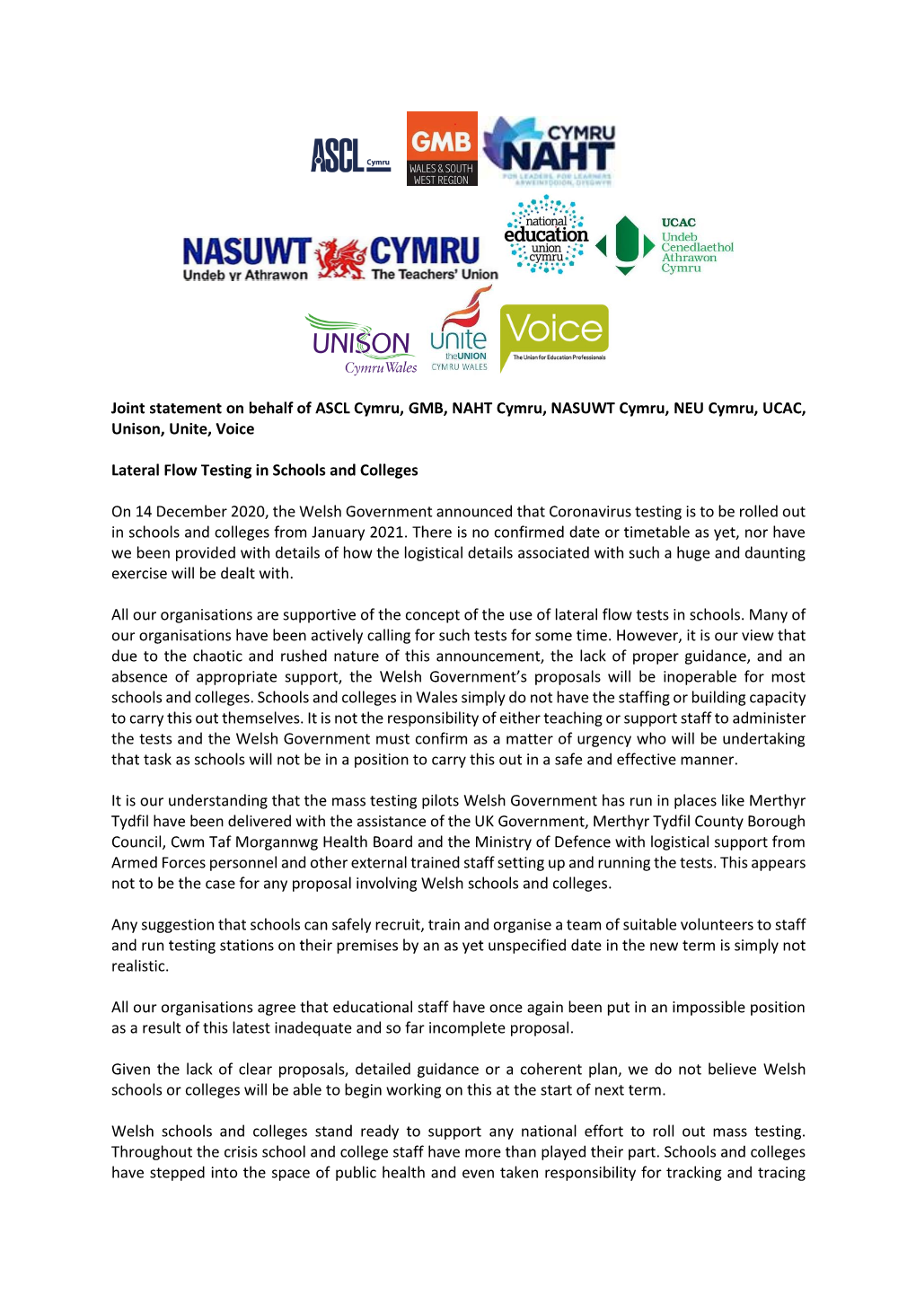 Joint Statement on Behalf of ASCL Cymru, GMB, NAHT Cymru, NASUWT Cymru, NEU Cymru, UCAC, Unison, Unite, Voice