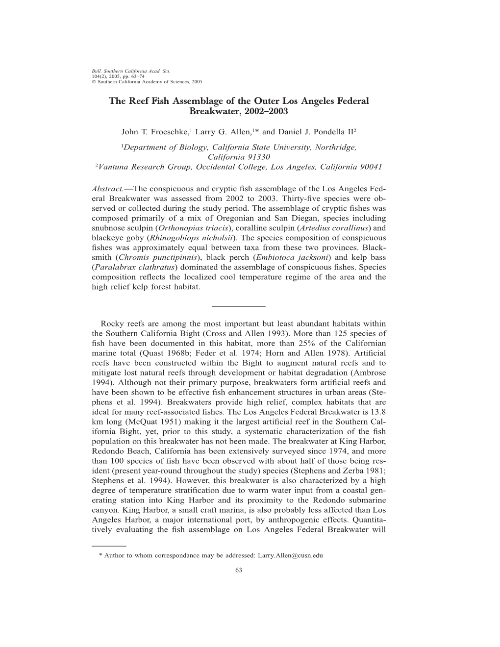 The Reef Fish Assemblage of the Outer Los Angeles Federal Breakwater, 2002–2003