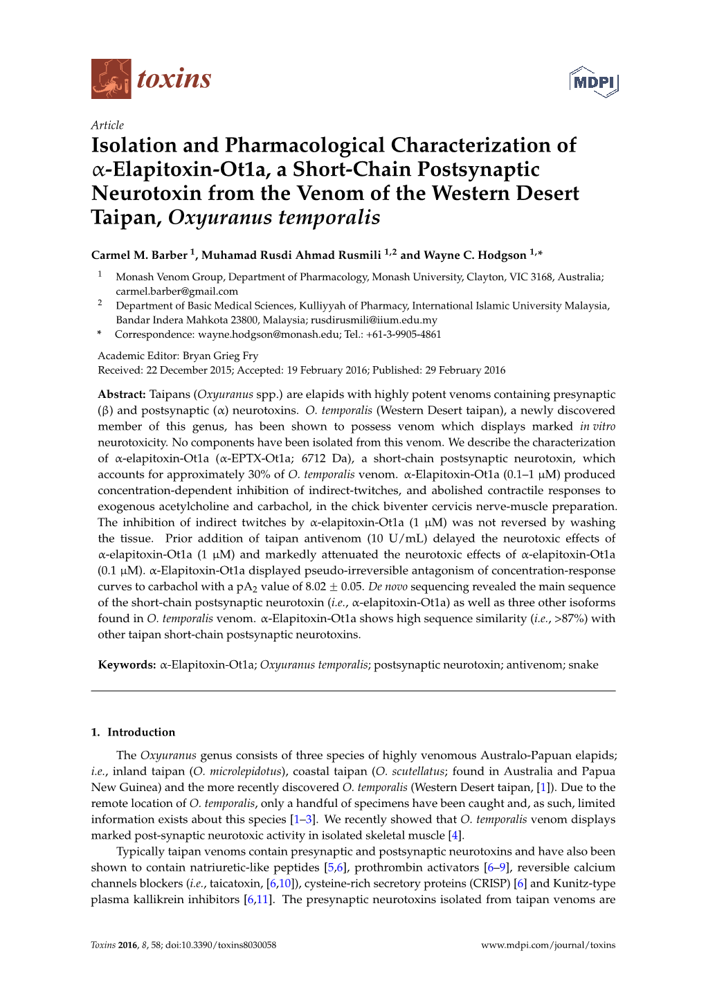 Elapitoxin-Ot1a, a Short-Chain Postsynaptic Neurotoxin from the Venom of the Western Desert Taipan, Oxyuranus Temporalis
