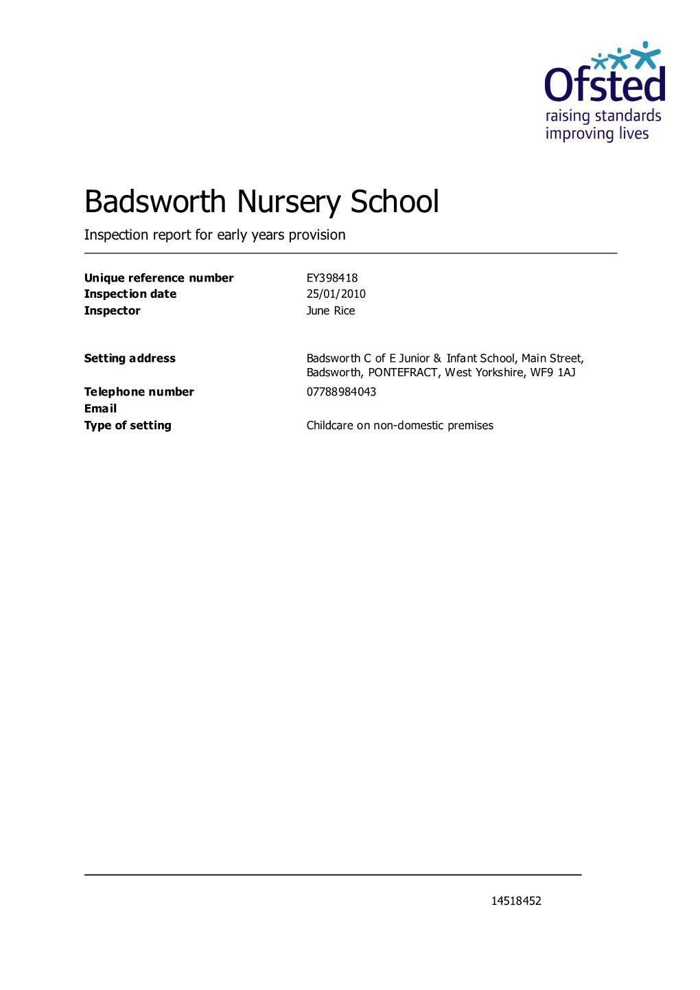 Badsworth Nursery School Inspection Report for Early Years Provision