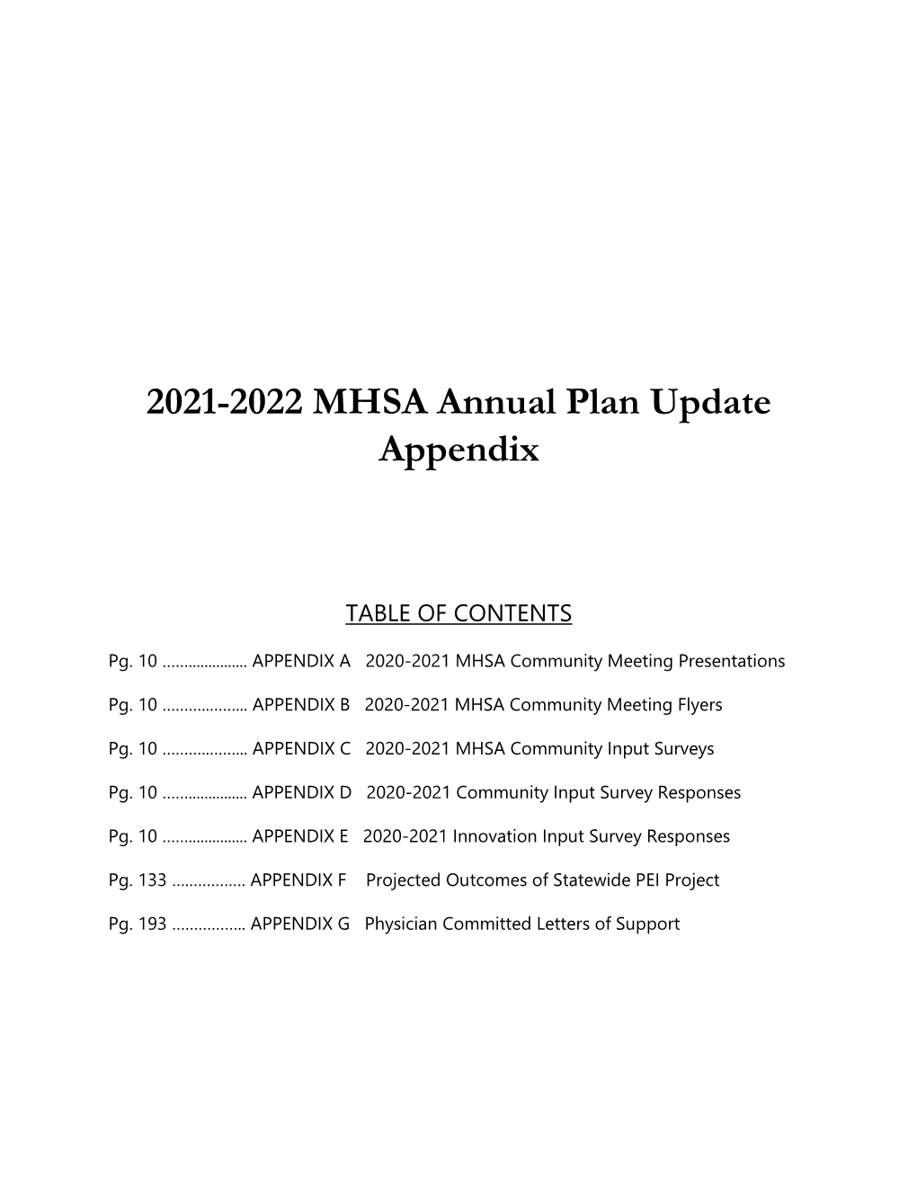 2021-2022 MHSA Annual Plan Update Appendix