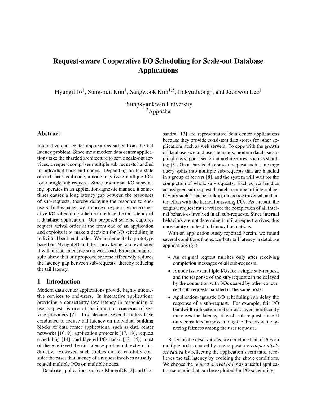 Request-Aware Cooperative I/O Scheduling for Scale-Out Database Applications