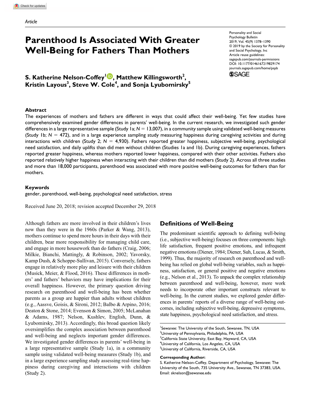 Parenthood Is Associated with Greater Well-Being for Fathers