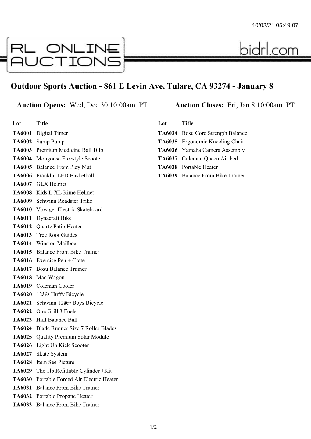 Outdoor Sports Auction - 861 E Levin Ave, Tulare, CA 93274 - January 8