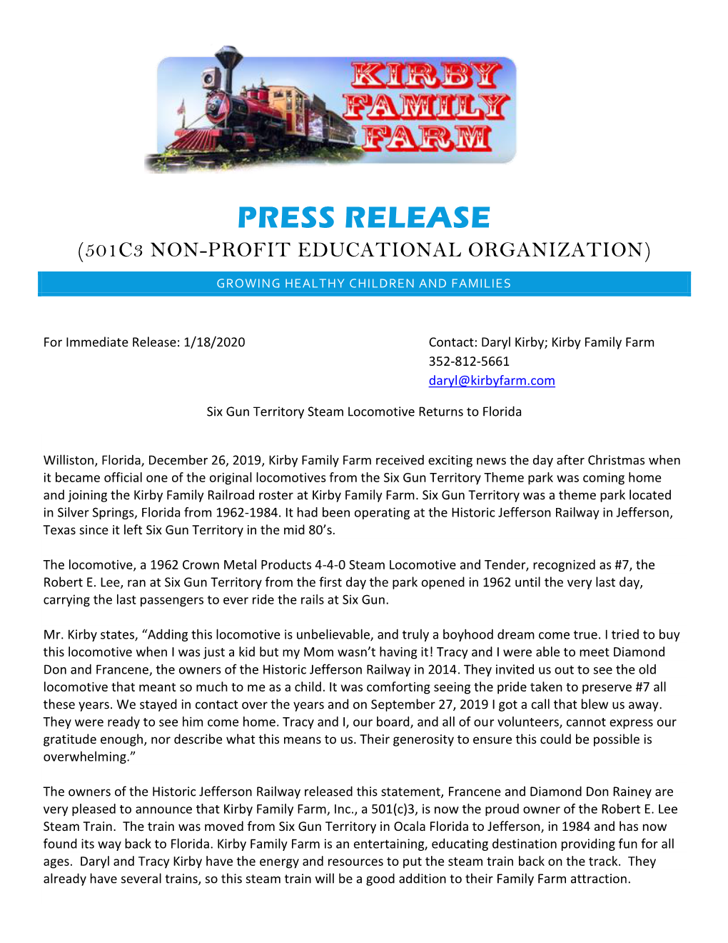 Press Release (501C3 Non-Profit Educational Organization) Growing Healthy Children and Families