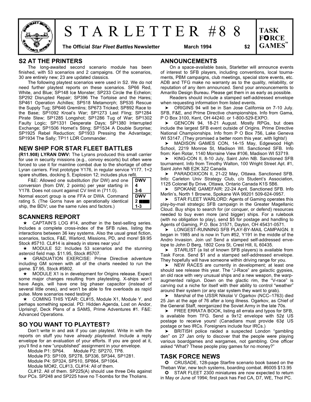 STARLETTER #88 FORCE TM the Official Star Fleet Battles Newsletter March 1994 $2 GAMES