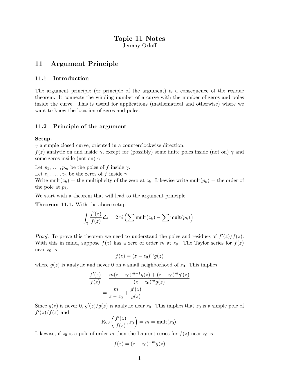 Argument Principle. Theorem 11.1