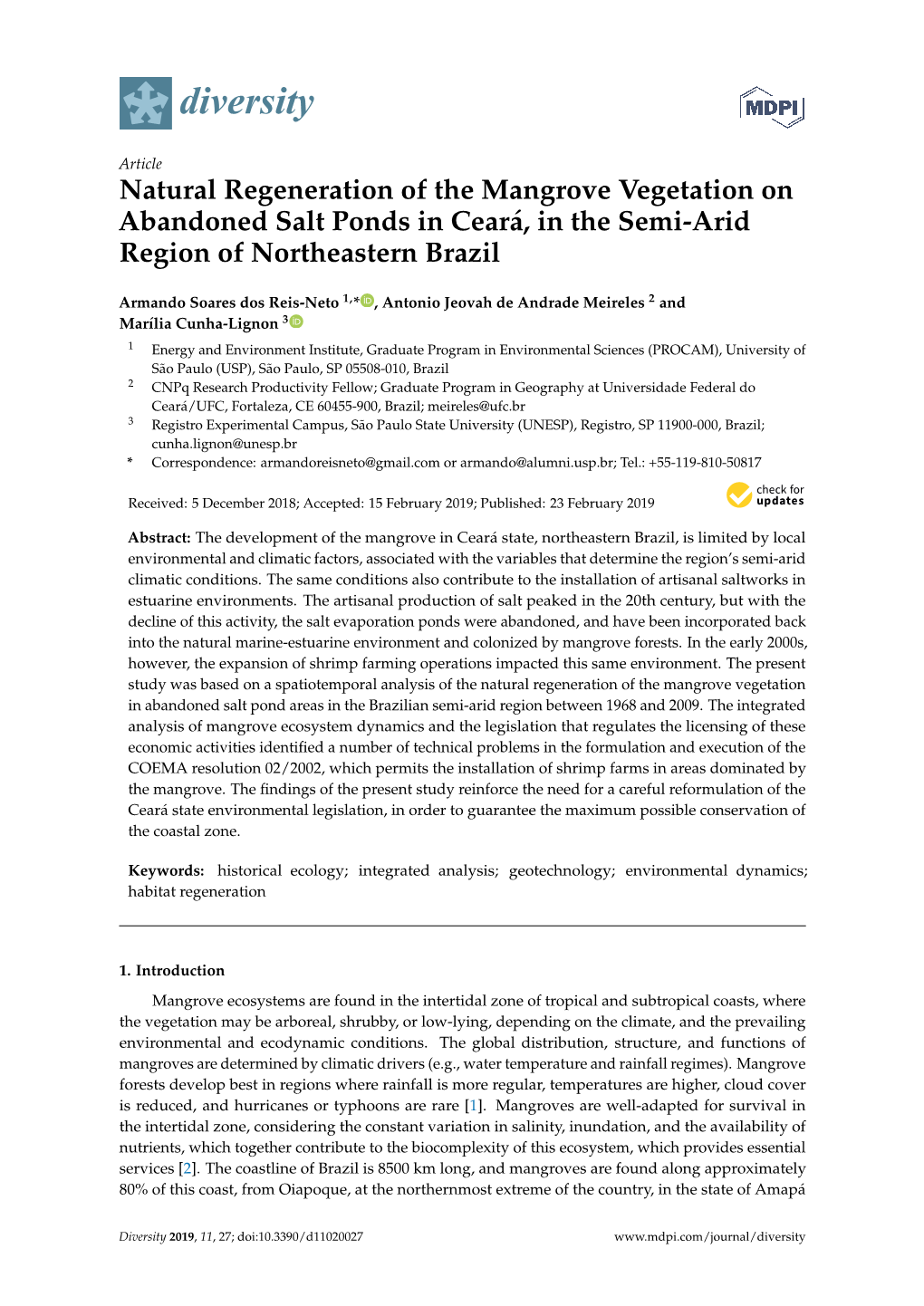 Natural Regeneration of the Mangrove Vegetation on Abandoned Salt Ponds in Ceará, in the Semi-Arid Region of Northeastern Brazil