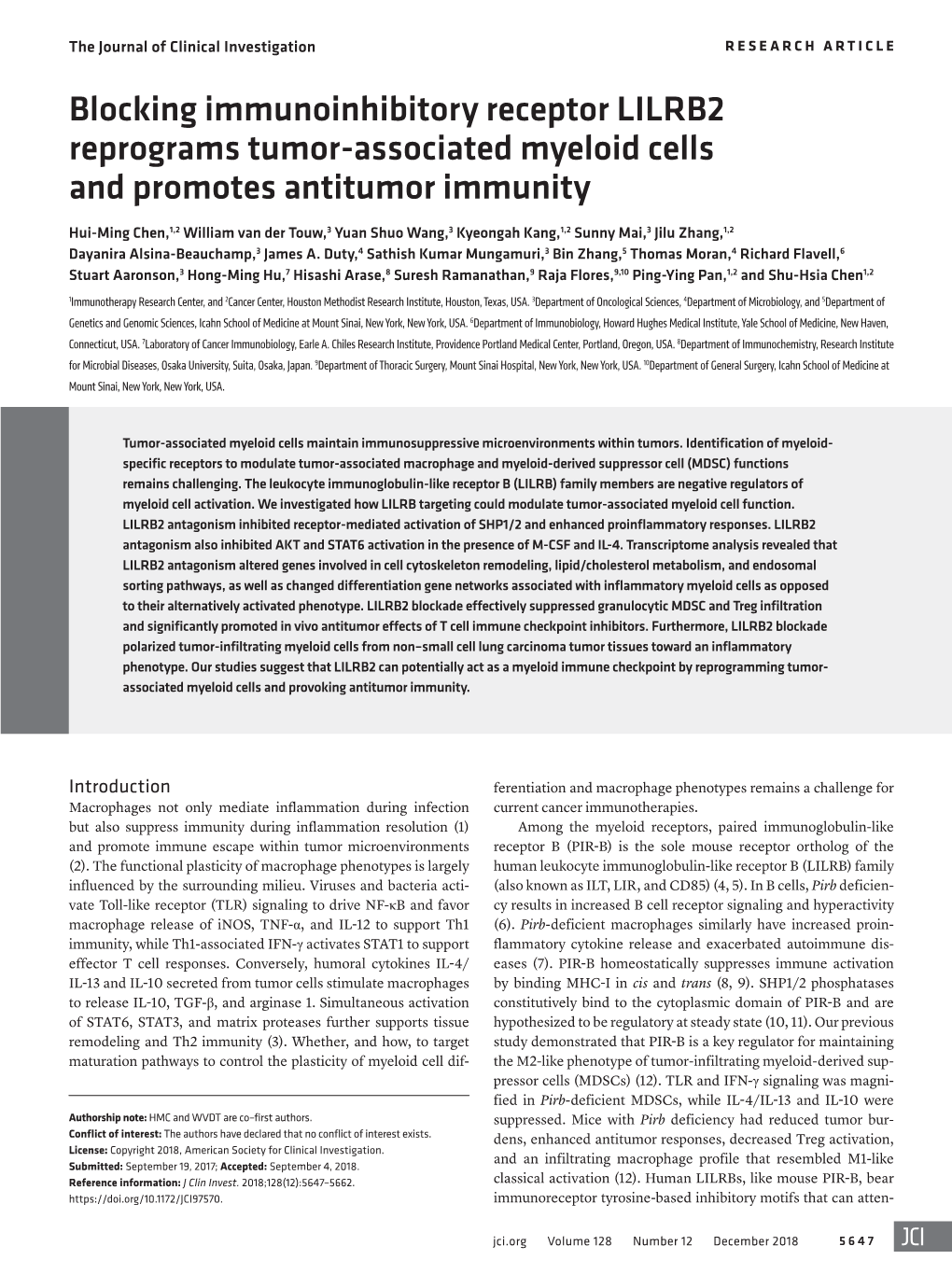 Blocking Immunoinhibitory Receptor LILRB2 Reprograms Tumor-Associated Myeloid Cells and Promotes Antitumor Immunity