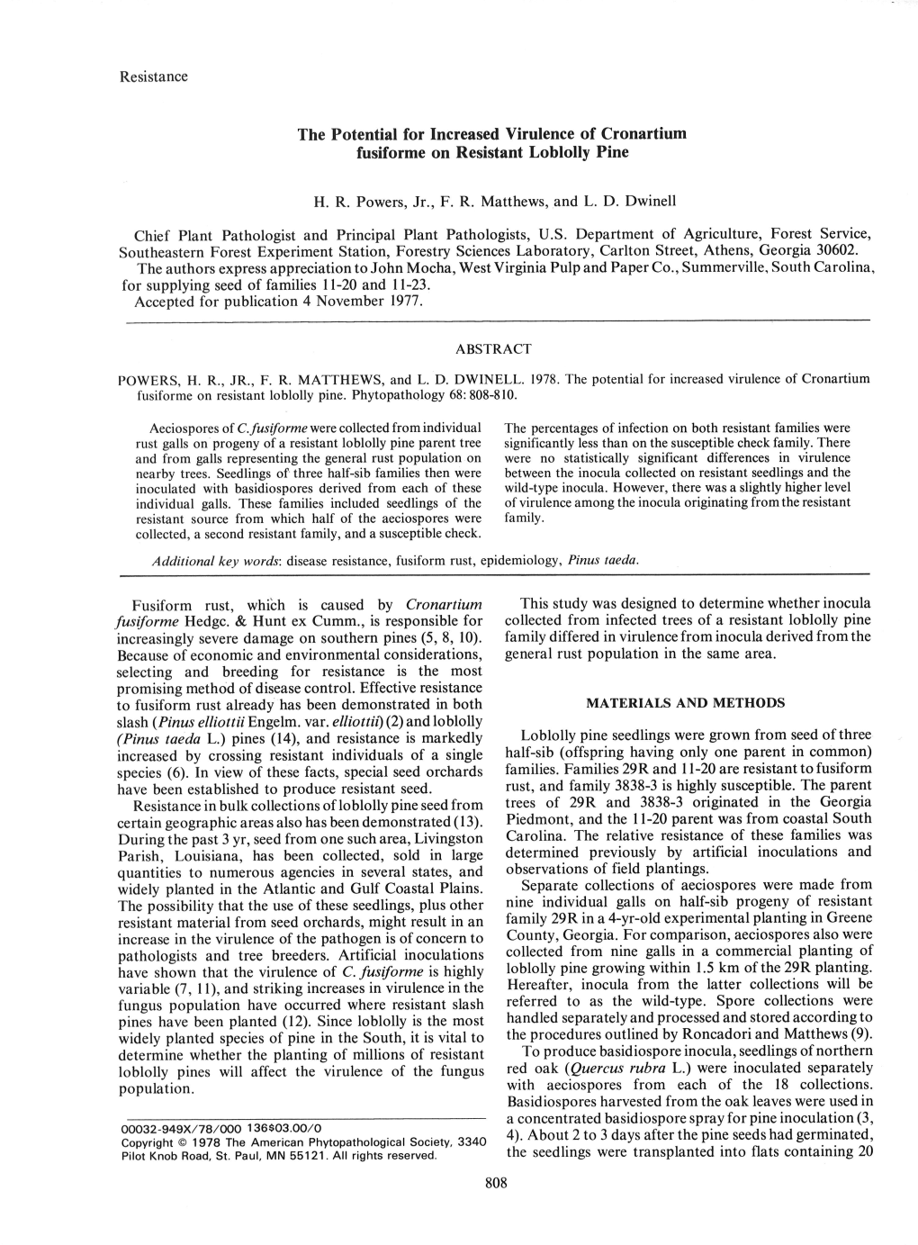 The Potential for Increased Virulence of Cronartium Fusiforme on Resistant Loblolly Pine