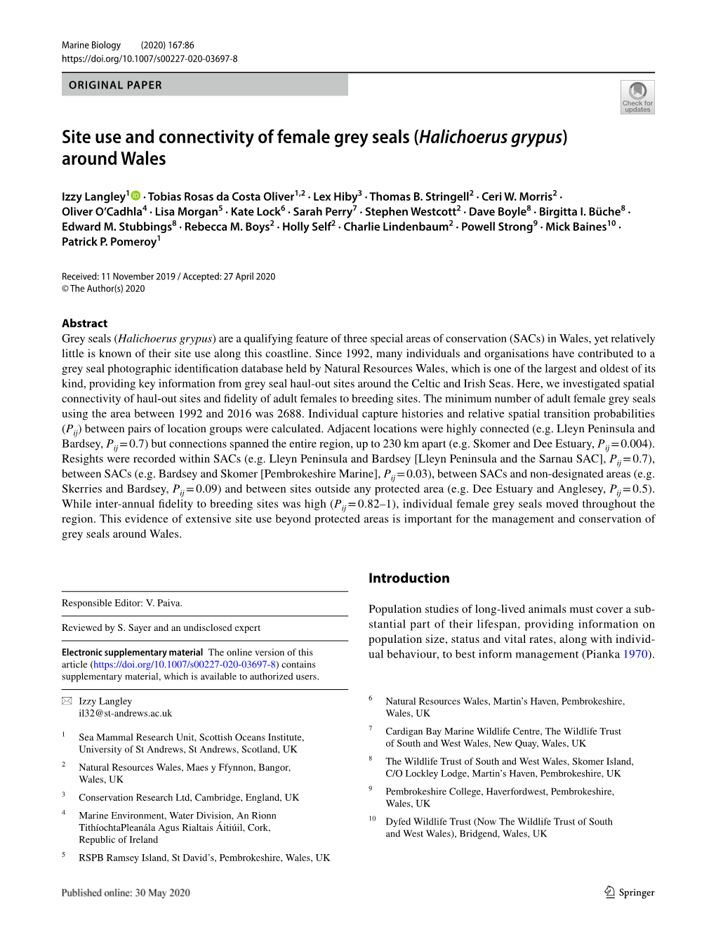 Site Use and Connectivity of Female Grey Seals (Halichoerus Grypus) Around Wales