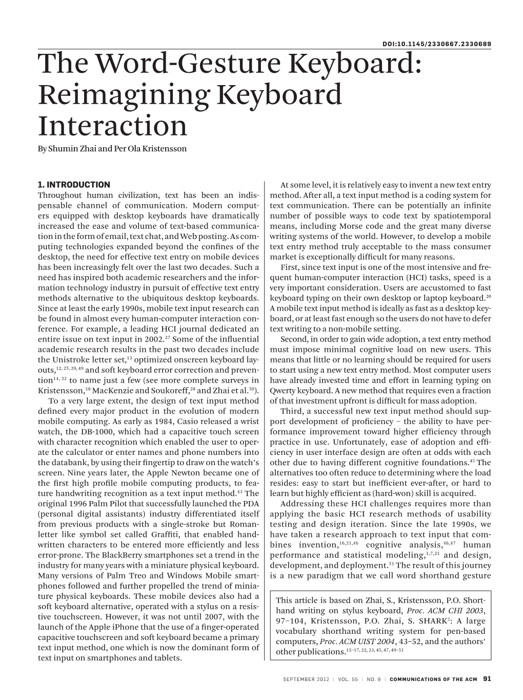 The Word-Gesture Keyboard: Reimagining Keyboard Interaction by Shumin Zhai and Per Ola Kristensson